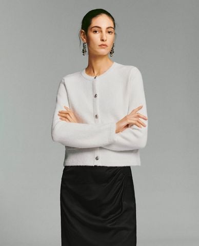  URBAN REVIVO - Áo khoác dệt kim nữ tay dài đính nút 