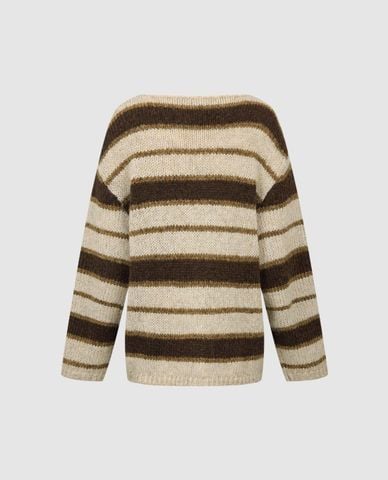  URBAN REVIVO - Áo sweater nữ cổ thuyền tay dài kẻ sọc 