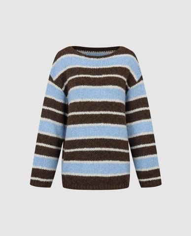  URBAN REVIVO - Áo sweater nữ cổ thuyền tay dài kẻ sọc 