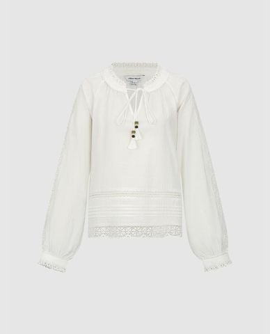  URBAN REVIVO - Áo kiểu nữ tay phồng cổ buộc dây phối ren 