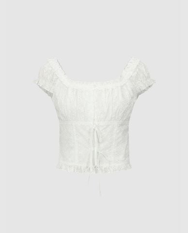  URBAN REVIVO - Áo croptop nữ cổ vuông tay ngắn phối bèo 