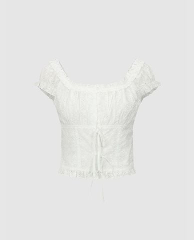  URBAN REVIVO - Áo croptop nữ cổ vuông tay ngắn phối bèo 