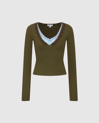  URBAN REVIVO - Áo dệt kim nữ cổ V tay dài phối layer 