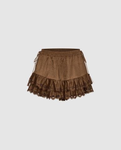  URBAN REVIVO - Quần short giả váy nữ xếp tầng phối bèo 
