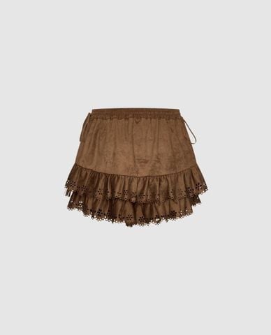  URBAN REVIVO - Quần short giả váy nữ xếp tầng phối bèo 