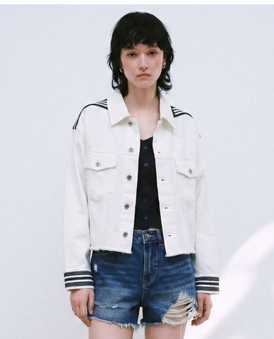  URBAN REVIVO - Áo khoác denim nữ cổ thủy thủ phối viền 
