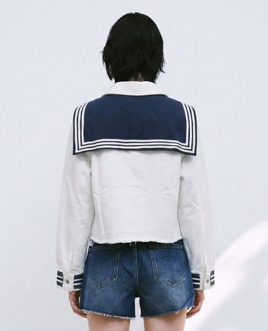  URBAN REVIVO - Áo khoác denim nữ cổ thủy thủ phối viền 