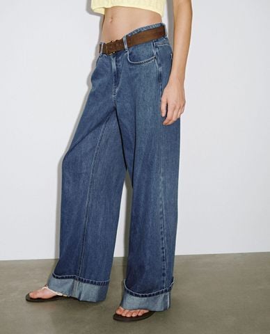  URBAN REVIVO - Quần jeans nữ ống rộng kèm thắt lưng 