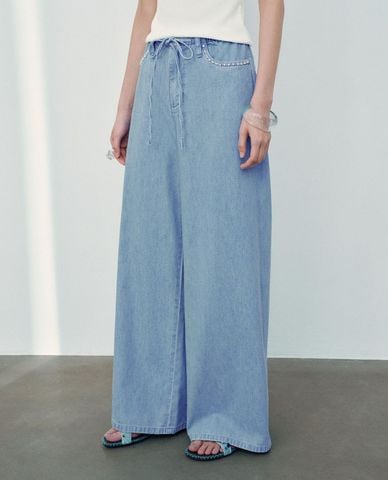  URBAN REVIVO - Quần jeans nữ ống rộng phối dây rút 