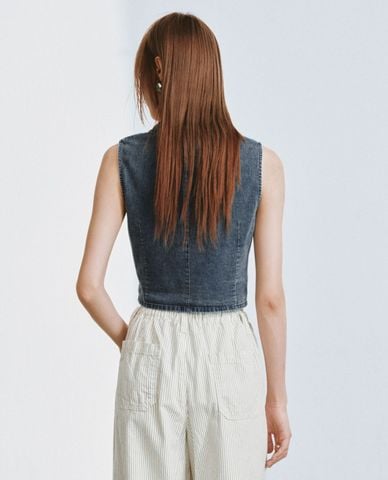  URBAN REVIVO - Áo sát nách denim nữ cổ bẻ thắt nơ 