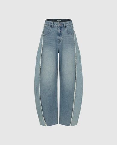  URBAN REVIVO - Quần jeans nữ ống rộng viền ren 