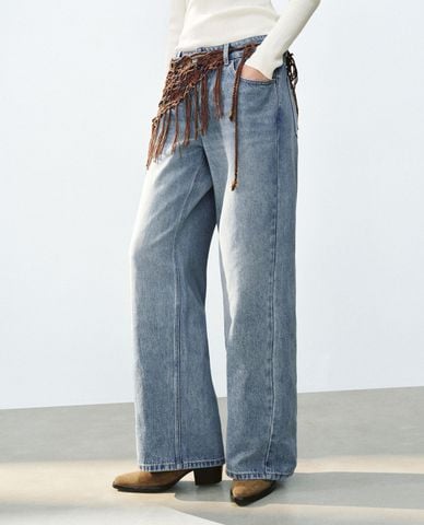  URBAN REVIVO - Quần jeans nữ ống rộng phối khăn tua rua 