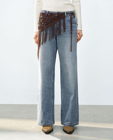  URBAN REVIVO - Quần jeans nữ ống rộng phối khăn tua rua 