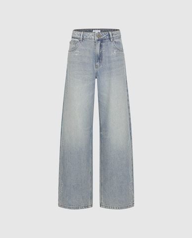  URBAN REVIVO - Quần jeans nữ ống rộng đính đá 