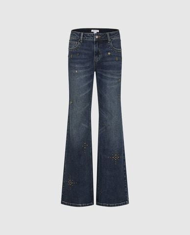  URBAN REVIVO - Quần jeans nữ ống loe đính họa tiết 