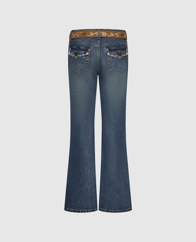  URBAN REVIVO - Quần jeans nữ ống loe wash bạc 