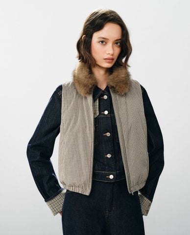  URBAN REVIVO - Áo khoác gilet nữ cổ lông sọc caro 