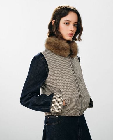  URBAN REVIVO - Áo khoác gilet nữ cổ lông sọc caro 