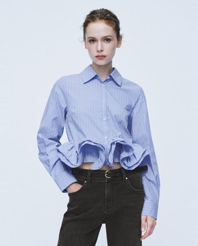  URBAN REVIVO - Áo sơ mi nữ kẻ sọc bèo nhún phom croptop 