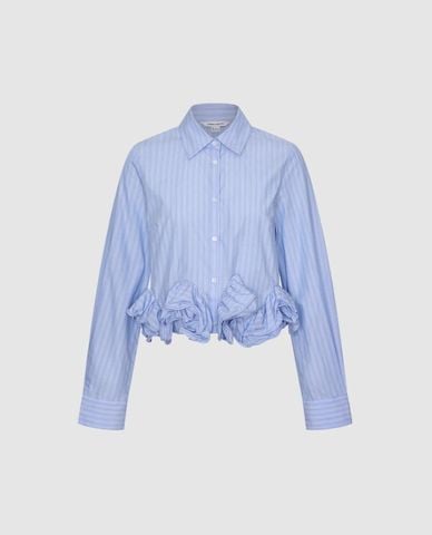  URBAN REVIVO - Áo sơ mi nữ kẻ sọc bèo nhún phom croptop 