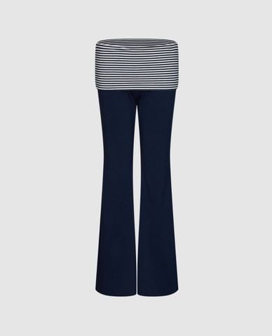  URBAN REVIVO - Quần nữ ống loe phom ôm phối cạp kẻ 