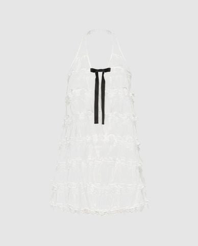 URBAN REVIVO - Đầm mini cổ yếm xếp tầng phối nơ 