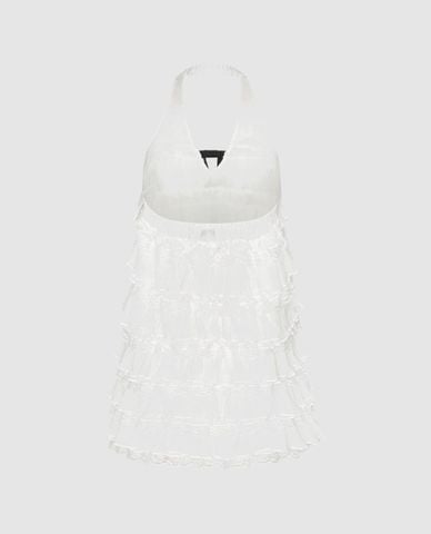  URBAN REVIVO - Đầm mini cổ yếm xếp tầng phối nơ 