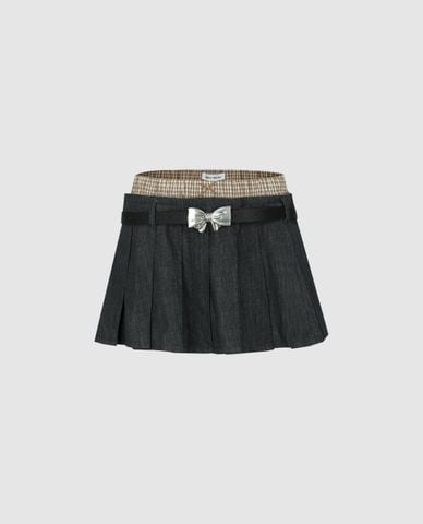  URBAN REVIVO - Chân váy denim mini xếp li phối lớp caro 