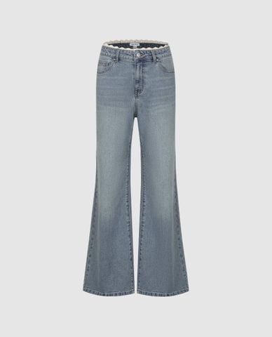  URBAN REVIVO - Quần jeans nữ ống loe phối ren 