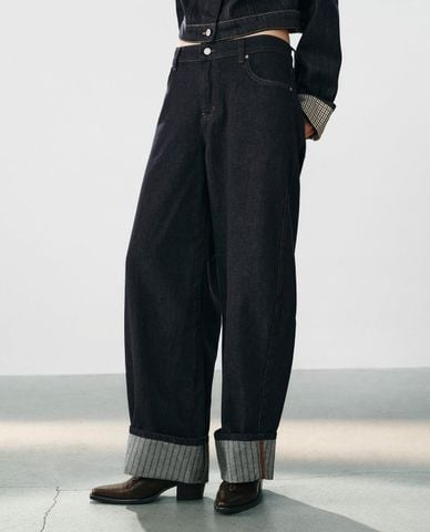  URBAN REVIVO - Quần jeans nữ ống rộng xắn gấu 