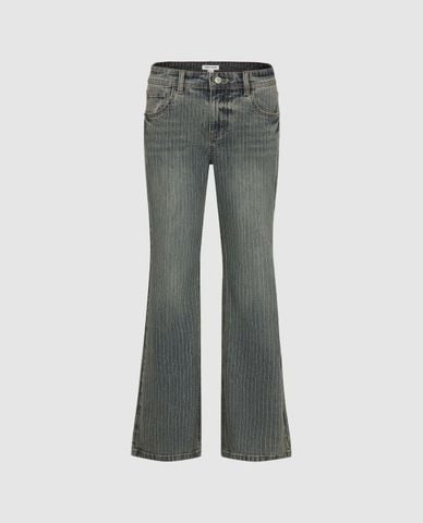  URBAN REVIVO - Quần jeans nữ ống loe họa tiết kẻ sọc 