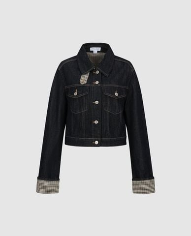  URBAN REVIVO - Áo khoác denim nữ cổ bẻ tay dài caro 