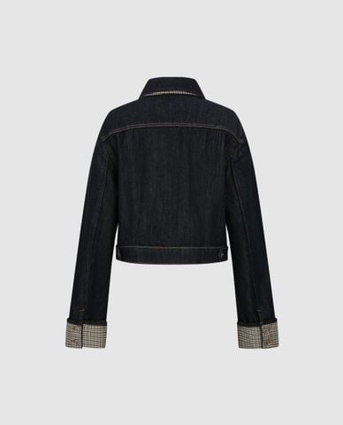  URBAN REVIVO - Áo khoác denim nữ cổ bẻ tay dài caro 