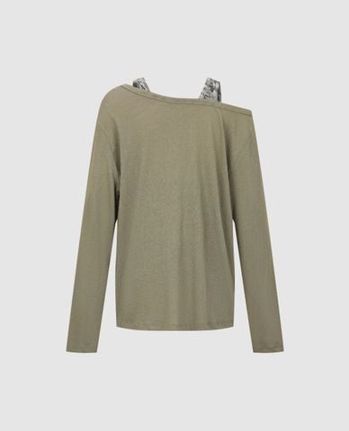  URBAN REVIVO - Áo trễ vai nữ cổ tay dài phối dây vai 