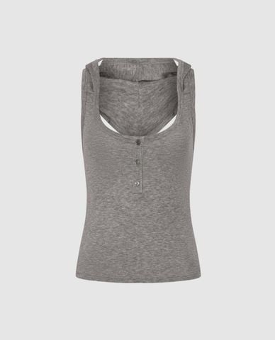  URBAN REVIVO - Áo sát nách nữ cổ U phối mũ cài khuy 