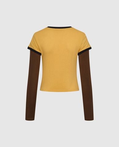  URBAN REVIVO - Áo thun nữ tay dài phối layer in chữ 