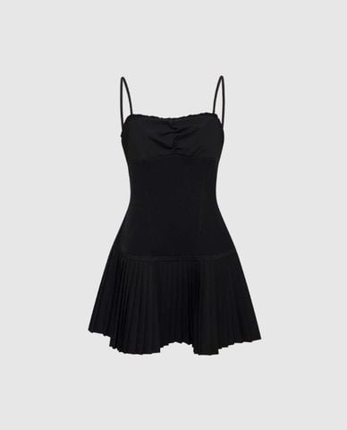  URBAN REVIVO - Đầm hai dây mini dáng xoè xếp li 