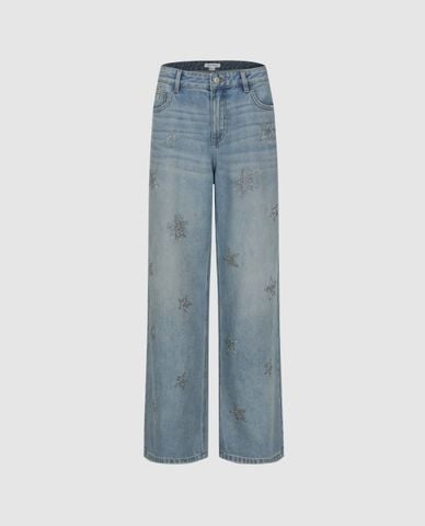  URBAN REVIVO - Quần jeans nữ ống rộng đính đá ngôi sao 