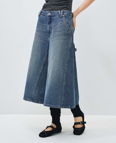  URBAN REVIVO - Quần jeans nữ ống rộng cạp cao dáng lửng 