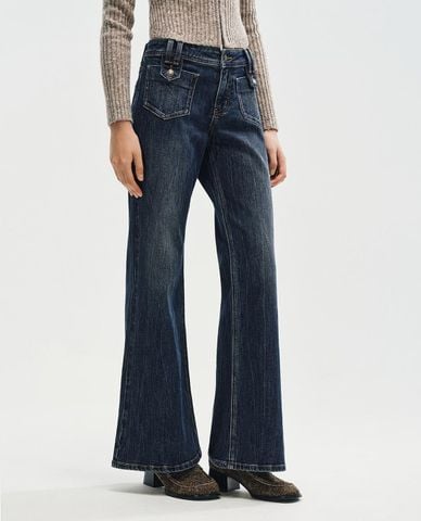  URBAN REVIVO - Quần jeans nữ ống loe phối túi 