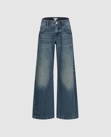  URBAN REVIVO - Quần jeans nữ ống rộng wash bạc 
