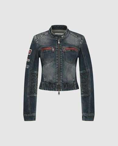  URBAN REVIVO - Áo khoác denim nữ cổ trụ wash bạc 