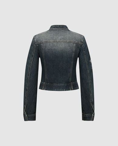  URBAN REVIVO - Áo khoác denim nữ cổ trụ wash bạc 