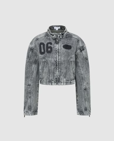  URBAN REVIVO - Áo khoác denim nữ cổ trụ phom croptop 
