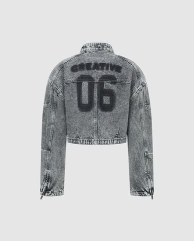  URBAN REVIVO - Áo khoác denim nữ cổ trụ phom croptop 