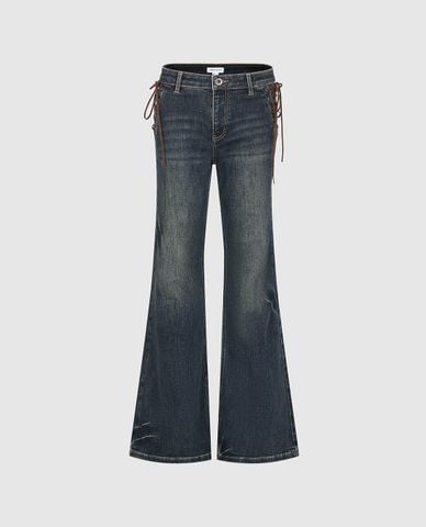  URBAN REVIVO - Quần jeans nữ ống loe đan dây 