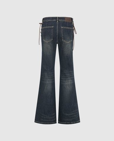  URBAN REVIVO - Quần jeans nữ ống loe đan dây 