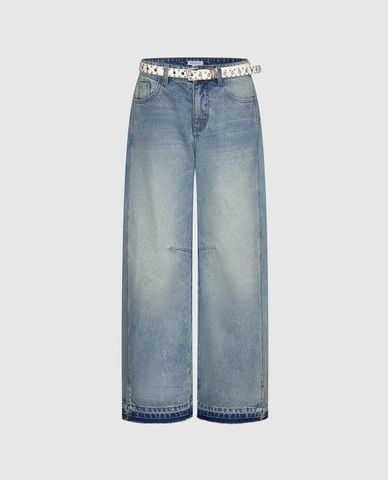  URBAN REVIVO - Quần jeans nữ ống rộng wash bạc 