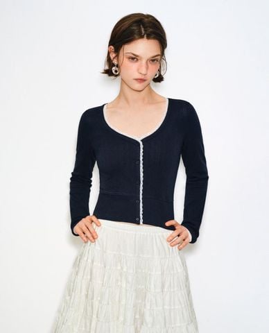  URBAN REVIVO - Áo khoác cardigan nữ cổ tim tay dài viền ren 