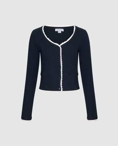  URBAN REVIVO - Áo khoác cardigan nữ cổ tim tay dài viền ren 